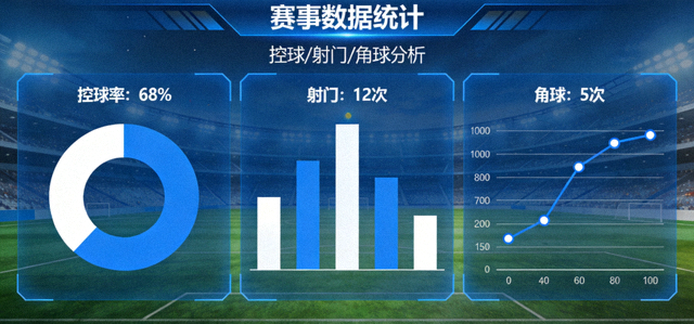 体育赛事数据分析界面，展示控球率射门与角球等统计图表