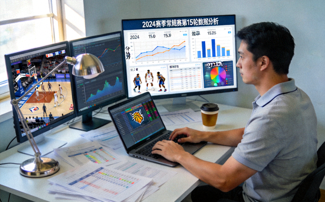 体育数据分析工作场景，屏幕展示比赛统计图表