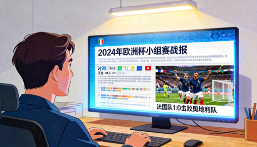 体育资讯编辑场景,屏幕上展示赛事新闻与赛场图片